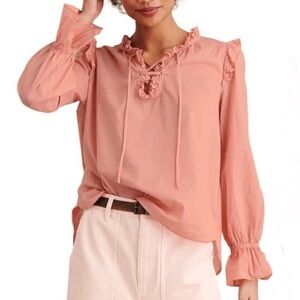 ALEX MILL Lani Lace-Up Ruffle Trim Top Peach Blush M 100% Cotton Boho Romantic